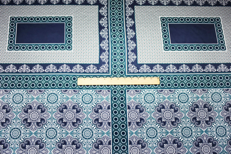 Deep Teal-Multi Poly Bandana PANEL Medallion Print Charmeuse Woven Fabric