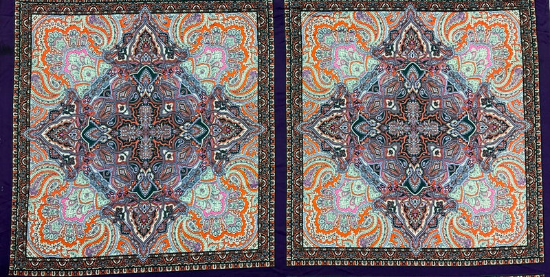 Purple-Orange-Multi Poly Paisley Bandana PANEL Printed Charmeuse Woven Fabric