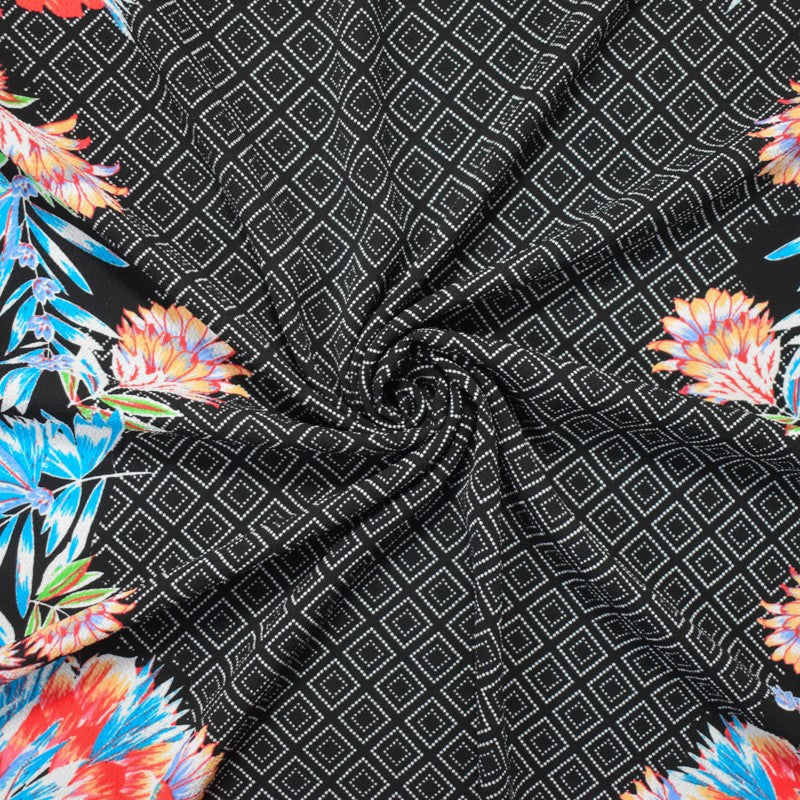 3 1/4 YD PC-Black-Red-Multi Poly Floral Diamond Border Printed Pebbel Crepe Woven Fabric