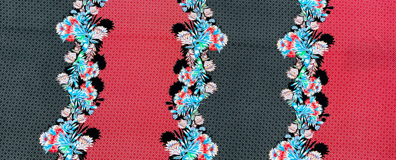 Black-Red-Multi Poly Floral Diamond Border Printed Pebbel Crepe Woven Fabric