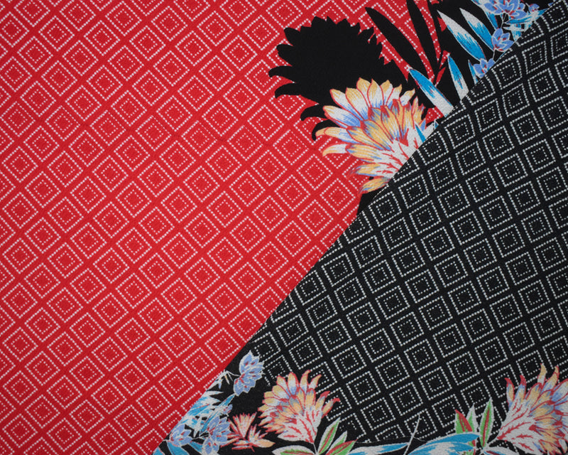 Black-Red-Multi Poly Floral Diamond Border Printed Pebbel Crepe Woven Fabric