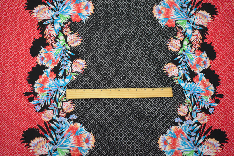 Black-Red-Multi Poly Floral Diamond Border Printed Pebbel Crepe Woven Fabric