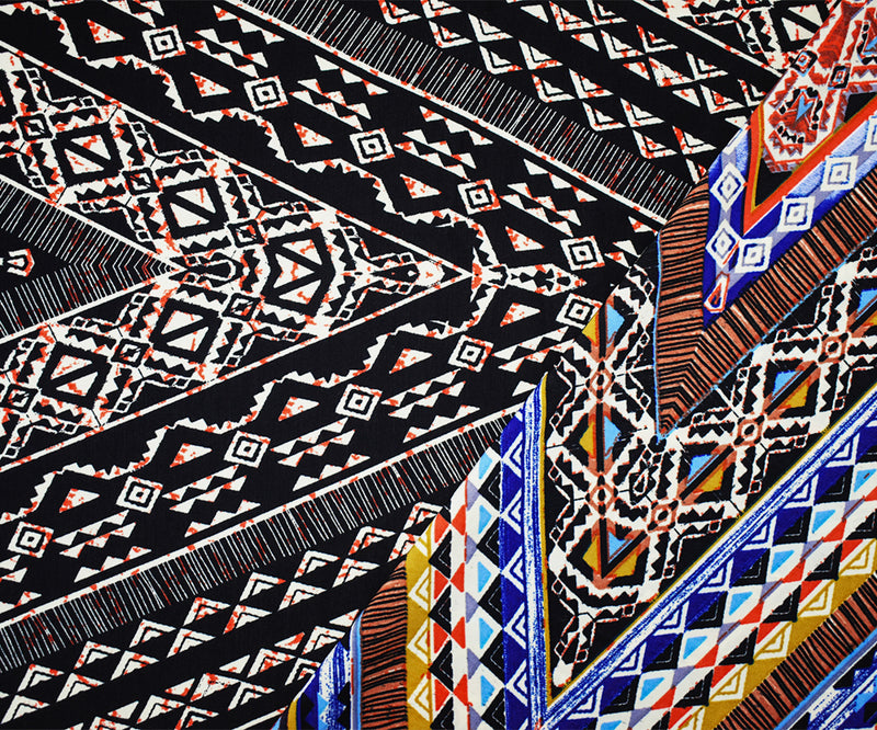 Black-Orange-Multi Poly Aztec Printed Faille Woven Fabric