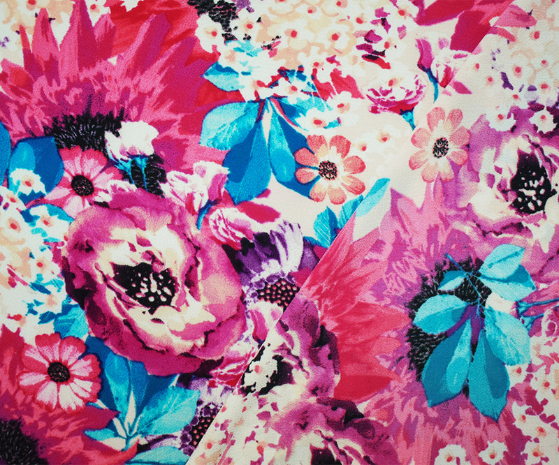 Pink-Purple-Multi Poly Floral Printed Pebble Crepe Woven Fabric