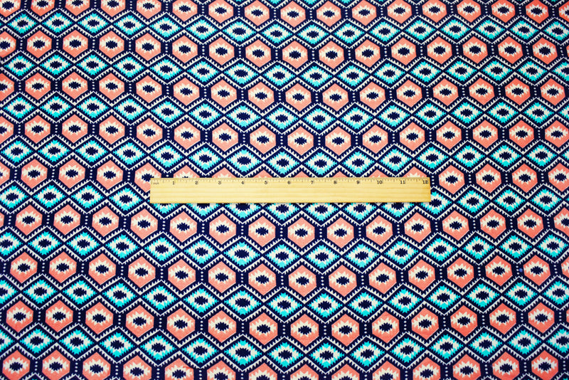 Coral-Teal-Multi Cotton Aztec Border Printed Dobby Woven Fabric