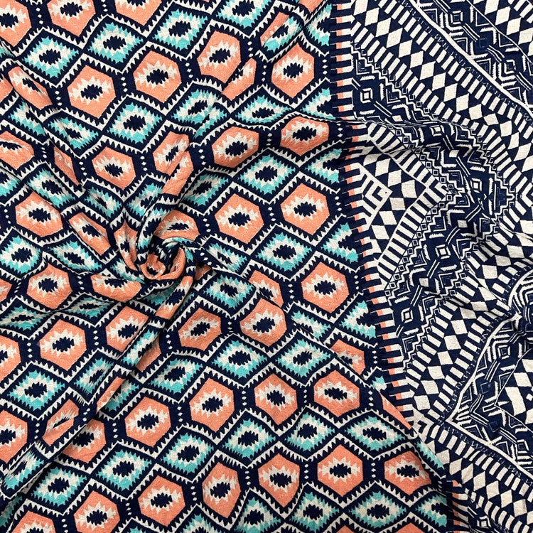 Coral-Teal-Multi Cotton Aztec Border Printed Dobby Woven Fabric