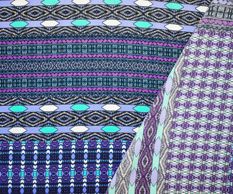 Purple-Inidigo-Multi Poly Aztec Border Printed Charmeuse Woven Fabric