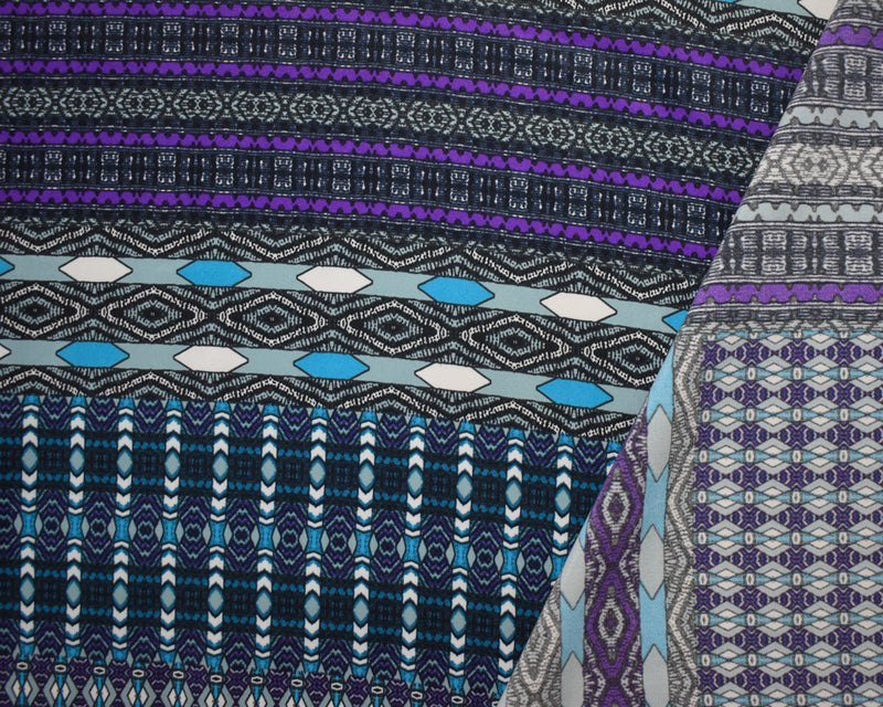 Turquoise-Purple-Multi Poly Aztec Border Printed Charmeuse Woven Fabric