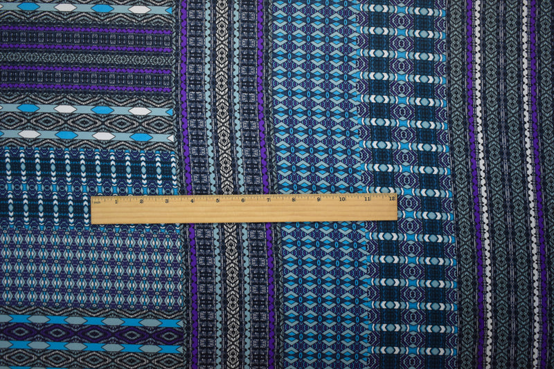 Turquoise-Purple-Multi Poly Aztec Border Printed Charmeuse Woven Fabric