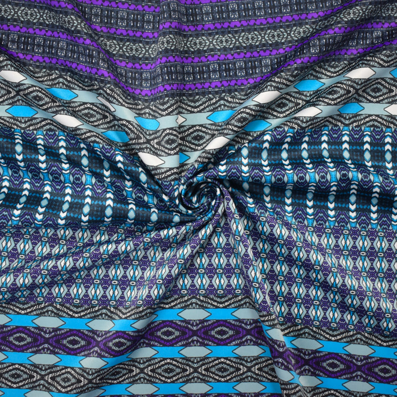 Turquoise-Purple-Multi Poly Aztec Border Printed Charmeuse Woven Fabric