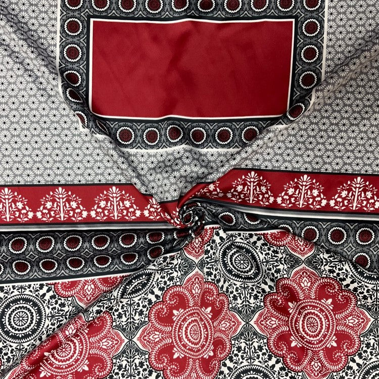 Red-Black-Multi Poly Border Medallion Printed Charmeuse Woven Fabric