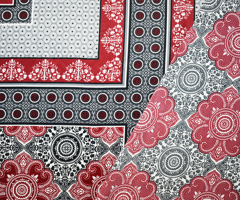 Red-Black-Multi Poly Border Medallion Printed Charmeuse Woven Fabric