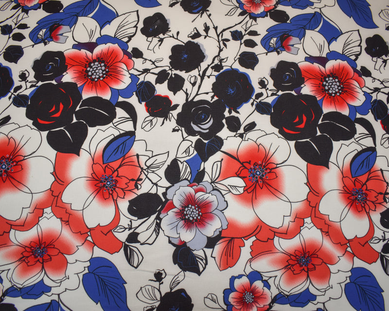 Red-Blue-Multi Poly Floral Printed Pebble Crepe Woven Fabric