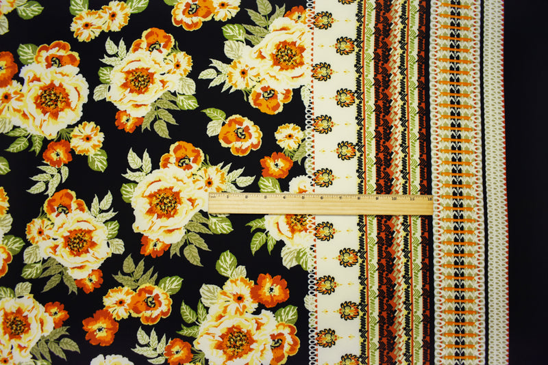 Black-Multi Poly Floral Border Printed Crepe Momie Georgette Woven Fabric