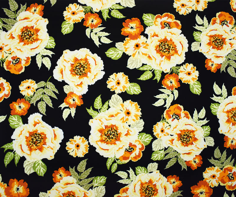 Black-Multi Poly Floral Border Printed Crepe Momie Georgette Woven Fabric