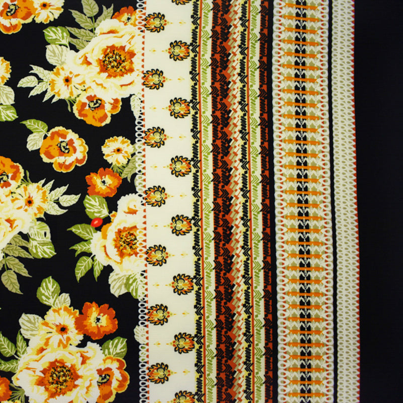 Black-Multi Poly Floral Border Printed Crepe Momie Georgette Woven Fabric