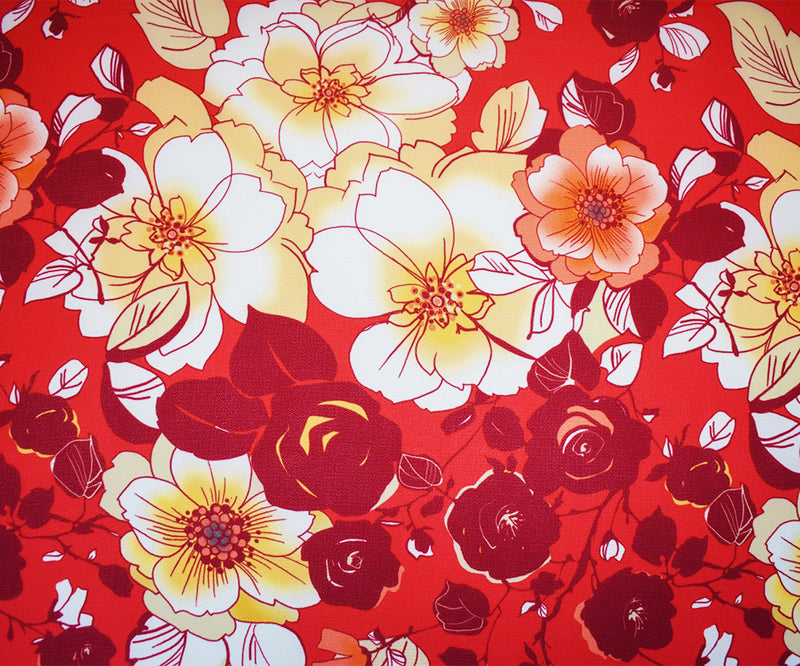 Red-Biege-Multi Poly Floral Printed Pebble Crepe Woven Fabric