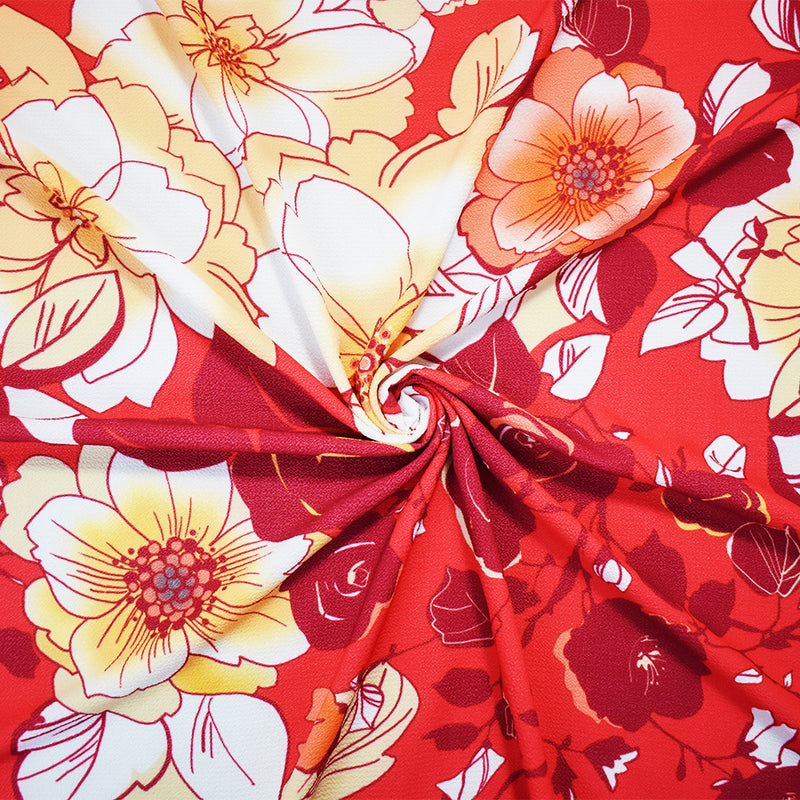 Red-Biege-Multi Poly Floral Printed Pebble Crepe Woven Fabric