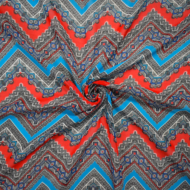 Red-Turquoise-Multi Poly Chevron Aztec Printed Chiffon Woven Fabric