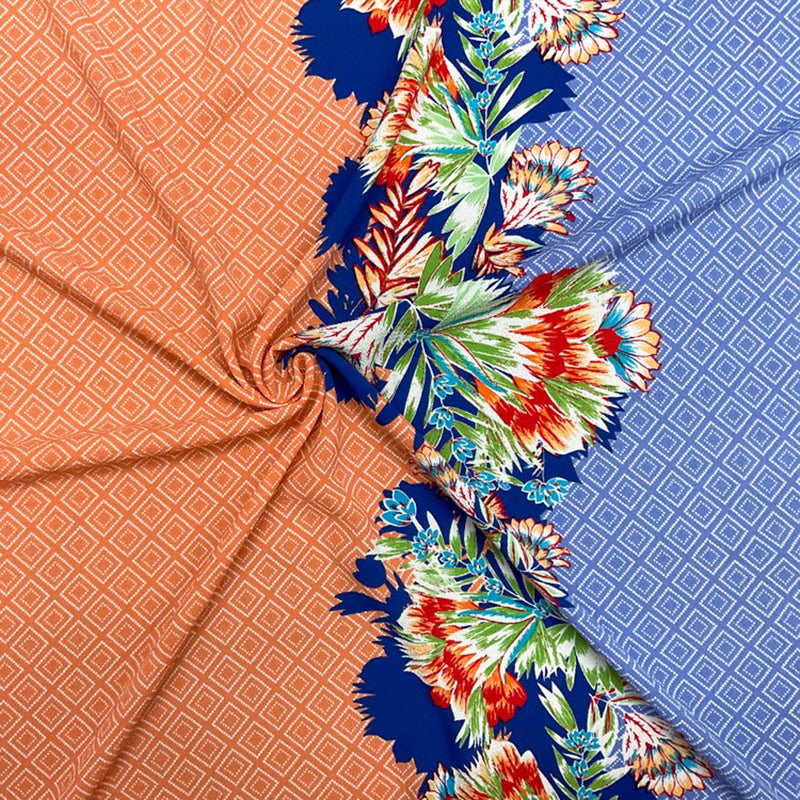 Blue-Coral-Multi Poly Border Floral Diamond Printed Crepe Woven Fabric