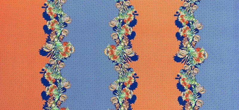 Blue-Coral-Multi Poly Border Floral Diamond Printed Crepe Woven Fabric