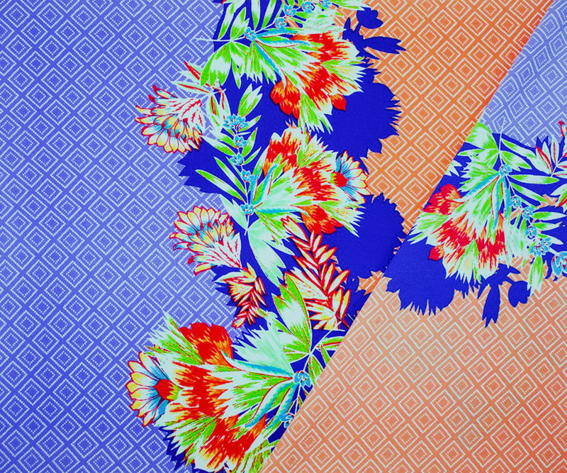 Blue-Coral-Multi Poly Border Floral Diamond Printed Crepe Woven Fabric