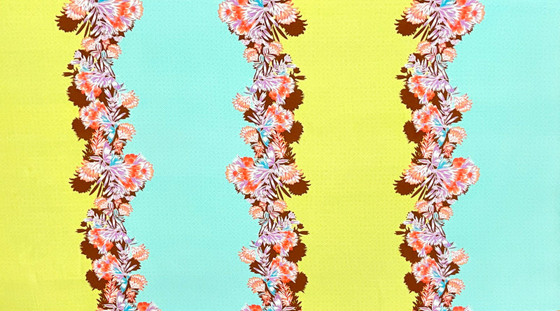 Yellow-Multi Poly Floral Diamond Border Printed Pebble Crepe Woven Fabric