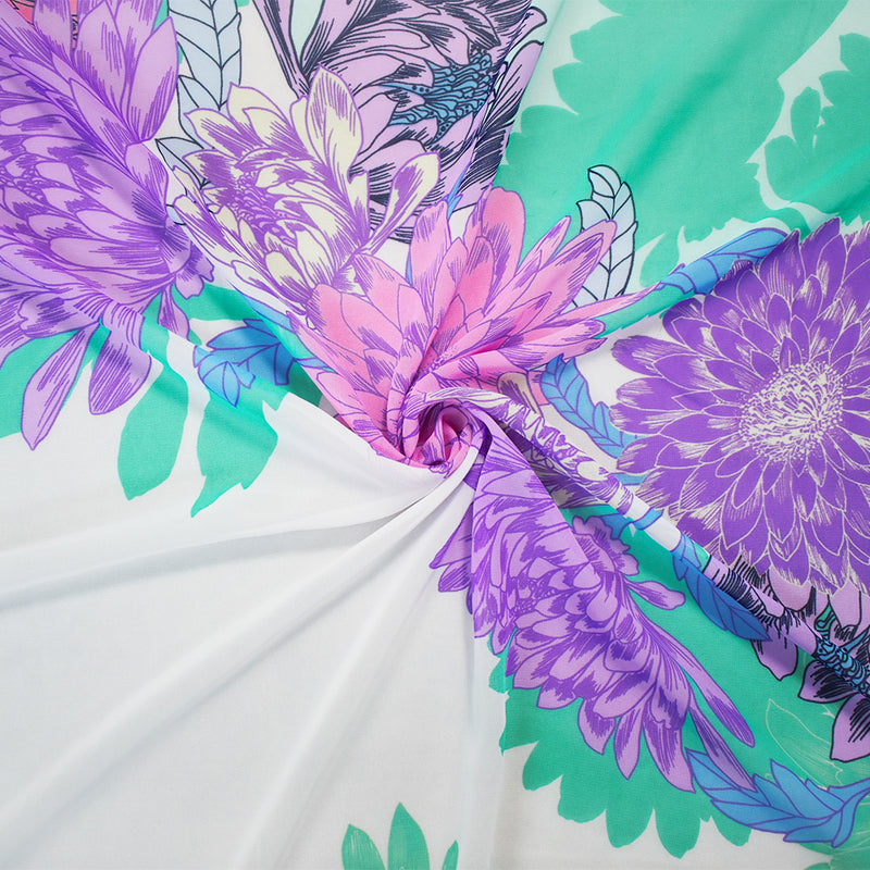 Turquoise-Pink-Multi Poly Floral Printed Chiffon Woven Fabric