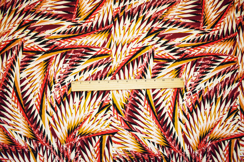 Red-Beige-Multi Poly Abstract Geometric Printed Pebble Crepe Woven Fabric