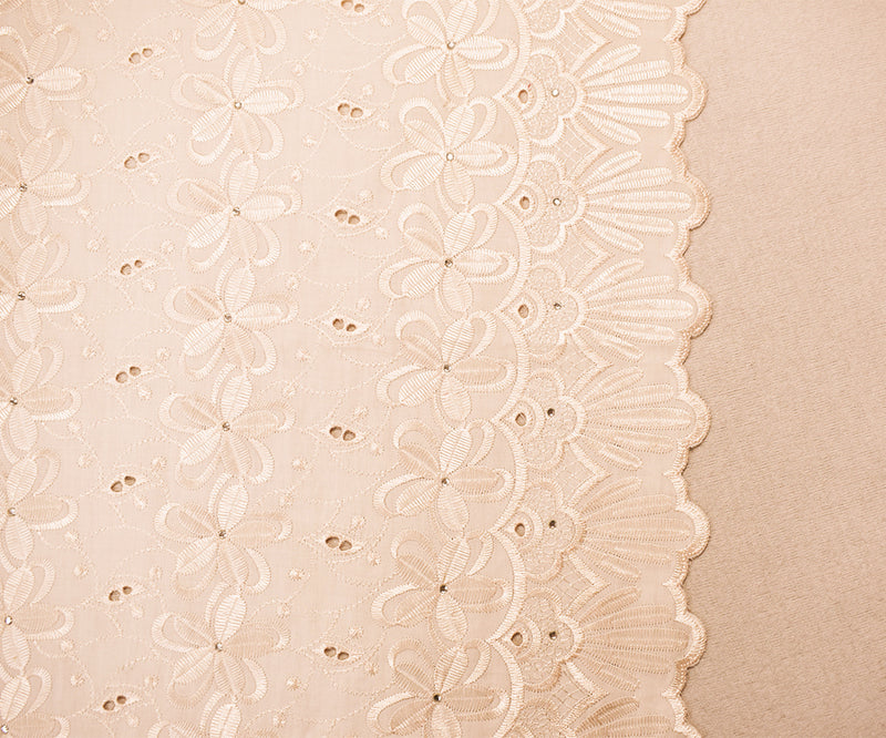Beige Poly-Cotton Embroidered Floral Scallop Rhinestone Woven Fabric