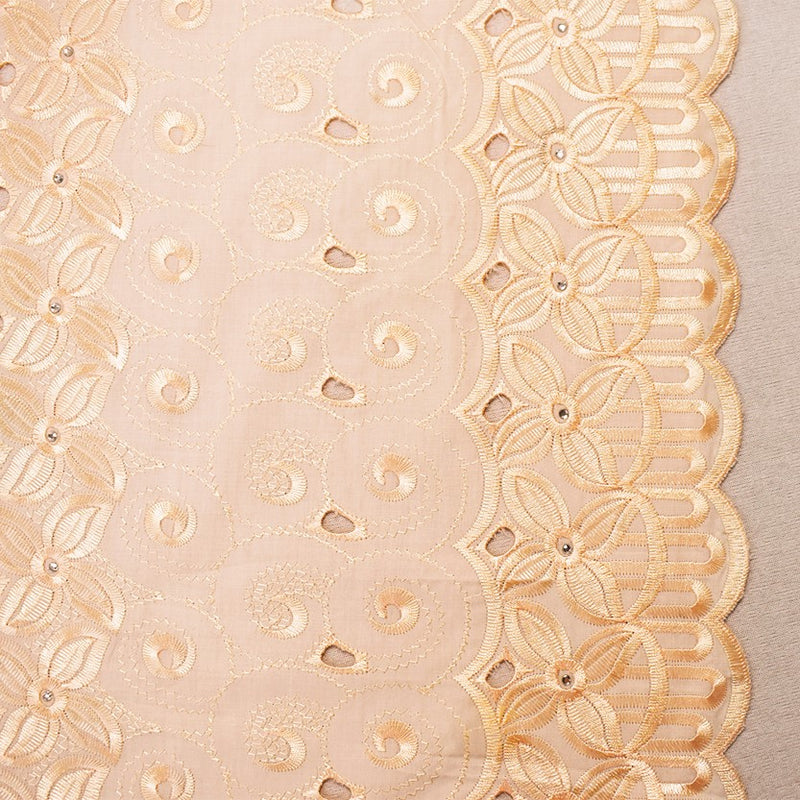 Beige Poly-Cotton Embroidered Floral Scallop Rhinestone Woven Fabric