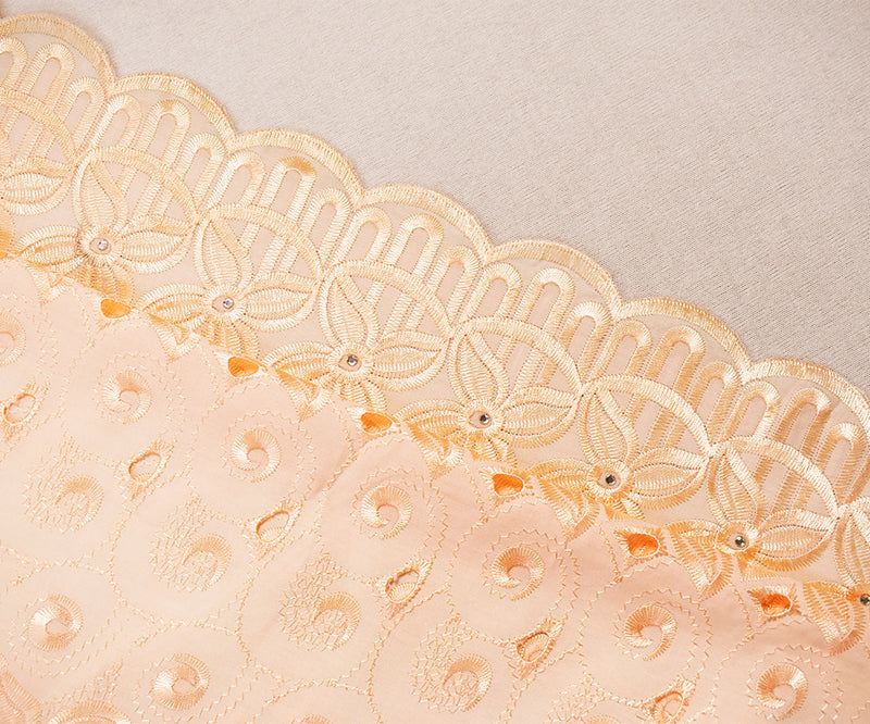 Beige Poly-Cotton Embroidered Floral Scallop Rhinestone Woven Fabric