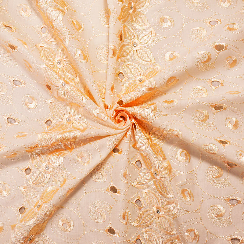 Beige Poly-Cotton Embroidered Floral Scallop Rhinestone Woven Fabric