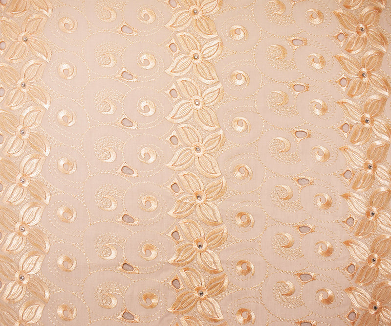 Beige Poly-Cotton Embroidered Floral Scallop Rhinestone Woven Fabric