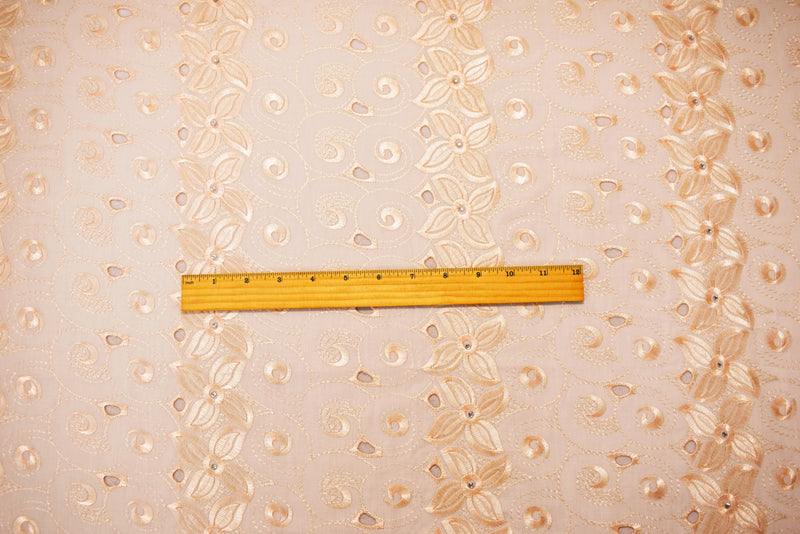 Beige Poly-Cotton Embroidered Floral Scallop Rhinestone Woven Fabric