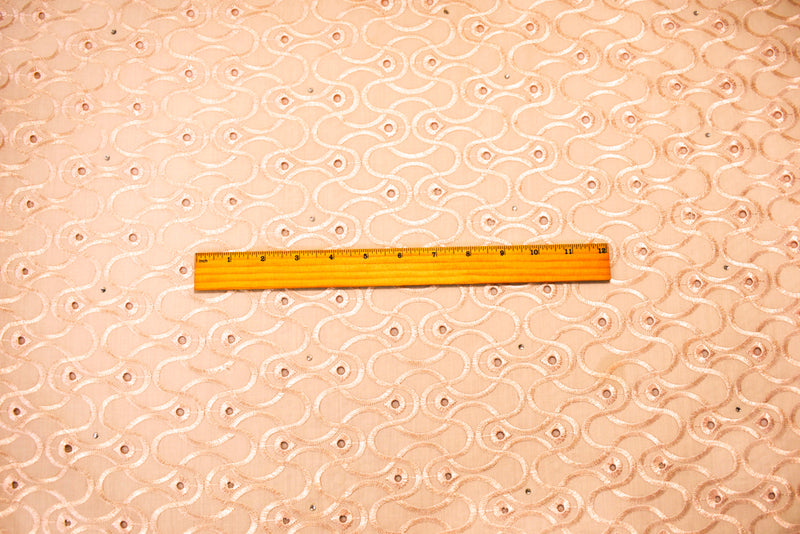 Beige Poly-Cotton Embroidered Floral Scallop Rhinestone Woven Fabric
