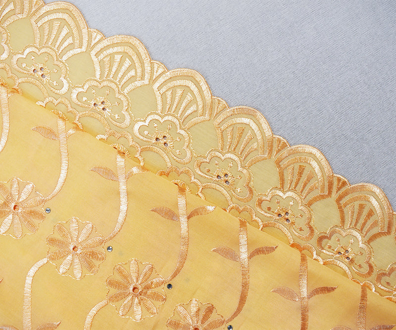 Orange Poly-Cotton Embroidered Scallop Rhinestone Woven Fabric