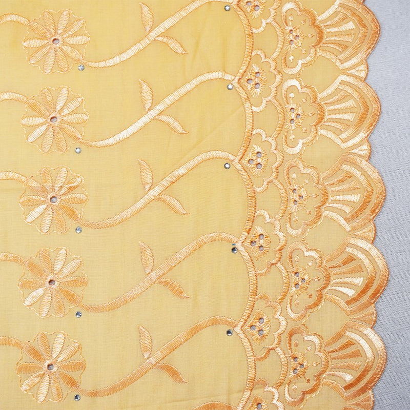 Orange Poly-Cotton Embroidered Scallop Rhinestone Woven Fabric