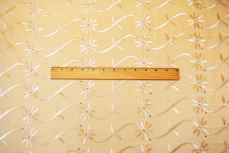 Orange Poly-Cotton Embroidered Scallop Rhinestone Woven Fabric