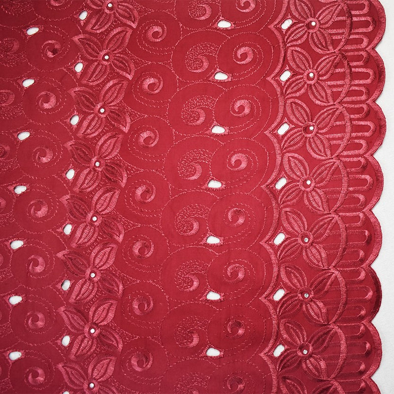 Red Poly-Cotton Embroidered Floral Swirl Scallop Rhinestone Woven Fabric