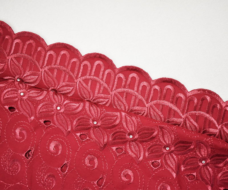 Red Poly-Cotton Embroidered Floral Swirl Scallop Rhinestone Woven Fabric