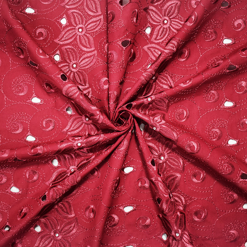 Red Poly-Cotton Embroidered Floral Swirl Scallop Rhinestone Woven Fabric