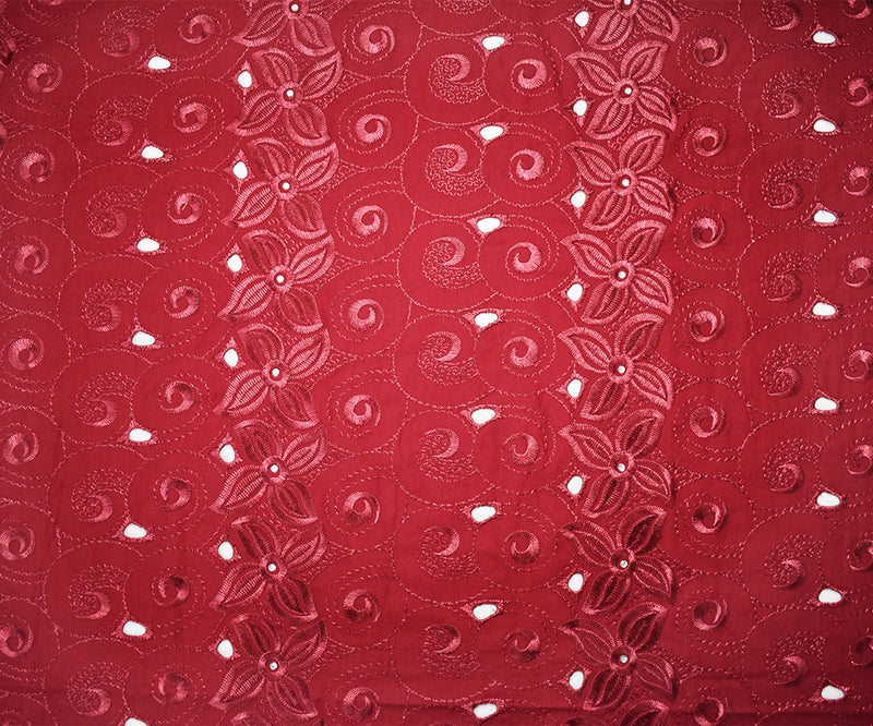 Red Poly-Cotton Embroidered Floral Swirl Scallop Rhinestone Woven Fabric