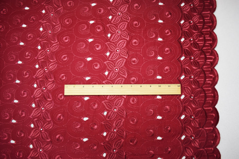 Red Poly-Cotton Embroidered Floral Swirl Scallop Rhinestone Woven Fabric