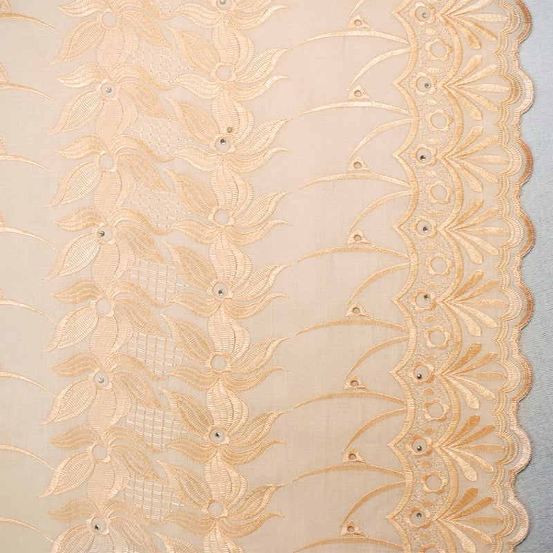 Light Beige Poly-Cotton Embroidered Floral Scallop Rhinestone Woven Fabric