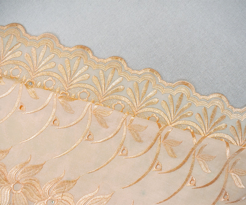 Light Beige Poly-Cotton Embroidered Floral Scallop Rhinestone Woven Fabric