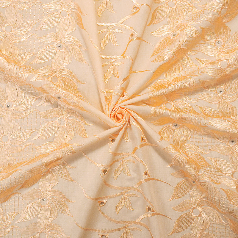 Light Beige Poly-Cotton Embroidered Floral Scallop Rhinestone Woven Fabric