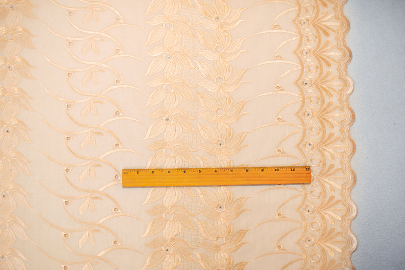 Light Beige Poly-Cotton Embroidered Floral Scallop Rhinestone Woven Fabric