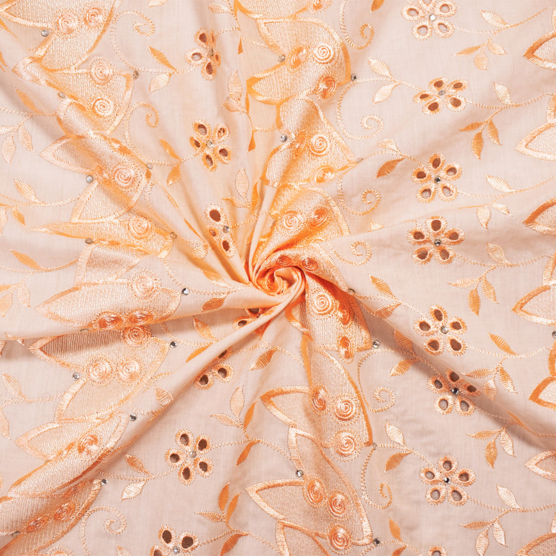 Warm Beige Poly-Cotton Floral Vine Eyelet Scalloped Rhinestone Woven Fabric