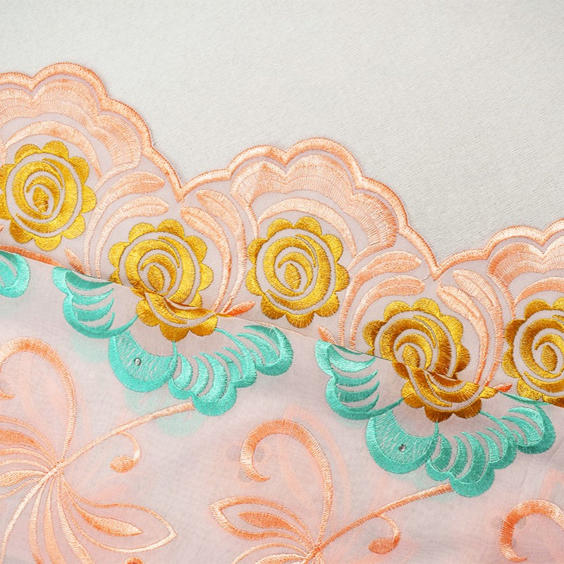 Coral Orange-Teal-Multi Poly-Cotton Floral Embroidered Scallop Eyelet Woven Fabric